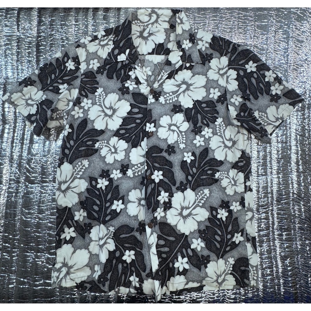 Island Wear Hawaiian Shirt Mens XL Black White Hibiscus Floral Made in Hawaii